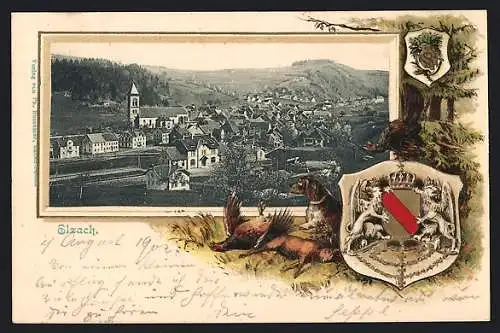 Passepartout-Lithographie Elzach, Ortsansicht aus der Vogelschau, Wappen