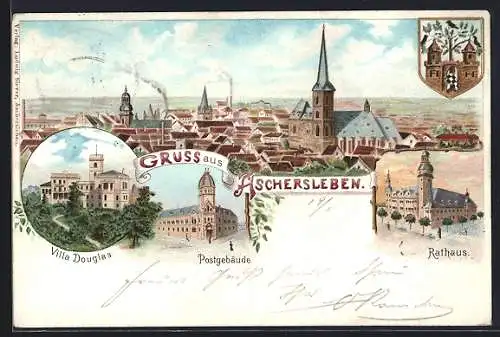 Lithographie Aschersleben, Villa DouglasRathaus, Postgebäude