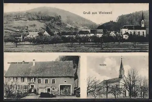 AK Weisweil / Baden, Gasthaus zum Adler, Kirche, Ortsansicht