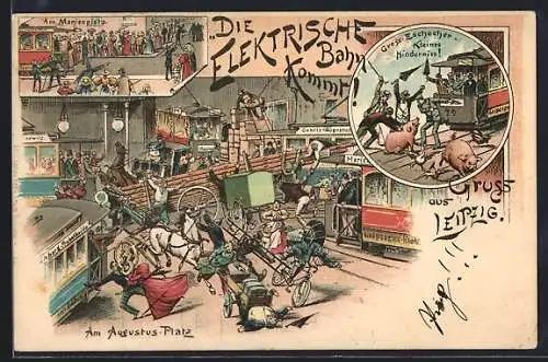 Lithographie Leipzig, Menschen flüchten vor der Strassenbahn