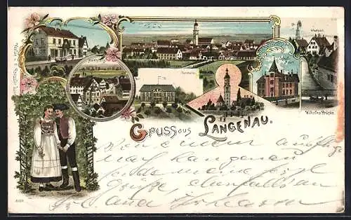 Lithographie Langenau / Württ., Ortsansicht, Turnhalle, Wilhelmsbrücke, Marktplatz, Paar in Tracht