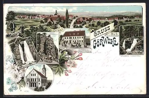 Lithographie Görwihl, Gasthaus zum Deutschen Kaiser, Kirche, Höllbach