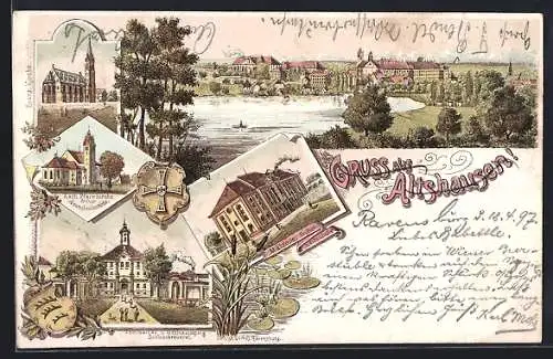 Lithographie Altshausen, Mälzerei, Kath. Pfarrkirche, Evang. Kirche