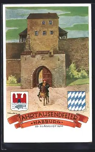 AK Nabburg, Jahrtausendfeier 1930, Wappen, Reiter mit Pferd am Tor