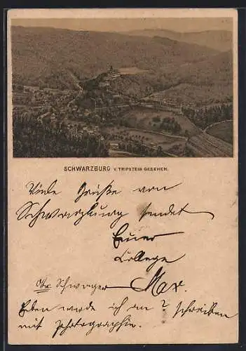 Vorläufer-Lithographie Schwarzburg, 1887, Aussicht vom Tripstein ins Tal