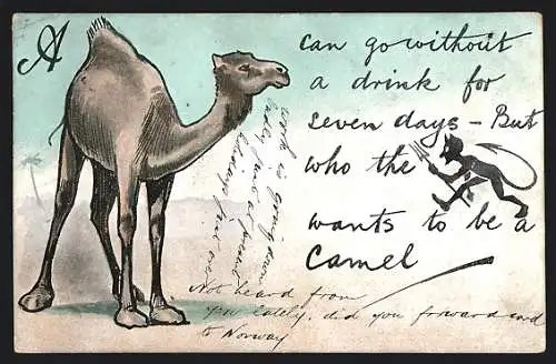 AK Kamel und Teufel mit Dreizack in der Wüste