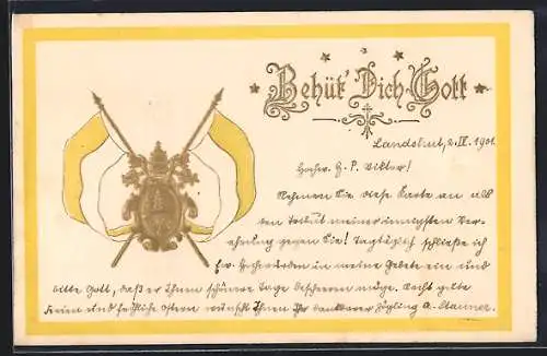Präge-AK Siegel Papst Leo XIII. mit Fahnen, Behüt Dich Gott