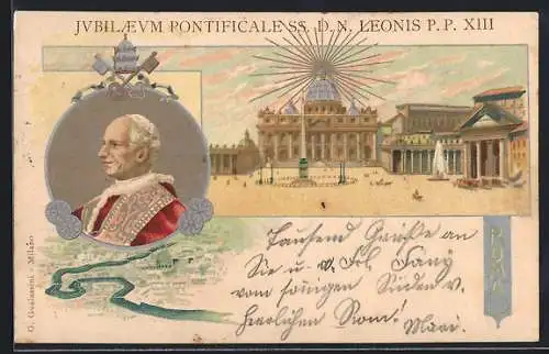 Lithographie Rom, Petersplatz mit Dom, Konterfei Papst Leo XIII.