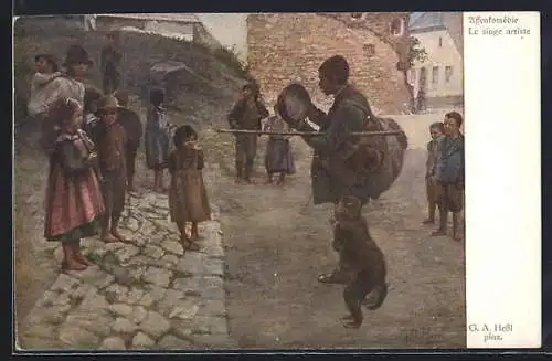 AK Strassendresseur mit Affe tritt vor Kindern auf