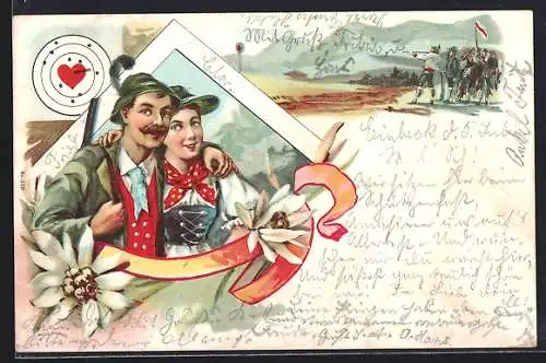 Lithographie Schützenkönigspaar in Tracht, Schiessstand, Schiessscheibe mit Herz, Edelweiss