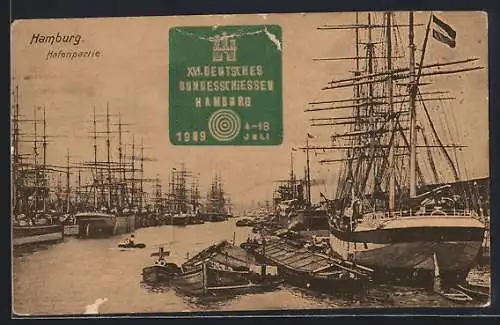 AK Hamburg, Hafenpartie, Aufdruck mit Logo Deutsches Bundesschiessen 1909