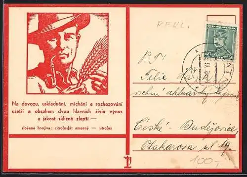 Künstler-AK Reklame für Dünger, Slozená hnojiva - citrofosfát ammoný - nitrofos, Bauer mit Pfeife