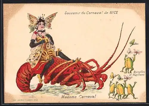 Künstler-AK Nice, Souvenir du Carnaval, Madame Carnaval et Rainettes Papillons