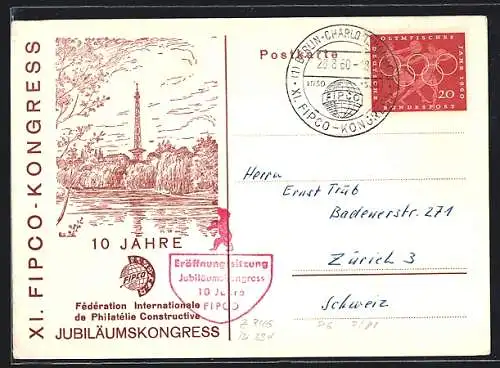 AK Berlin-Charlottenburg, XI. Fipico-Konfress 1960, Funkturm mit Flusspartie