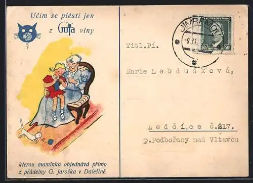 Künstler-AK Reklame für Guja-Kleidung, Grossmutter mit strickender Enkeltochter