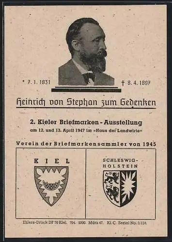 AK Kiel, 2. Kieler Briefmarken-Ausstellung 1947 im Haus der Landwirte, Heinrich von Stephan zum Gedenken