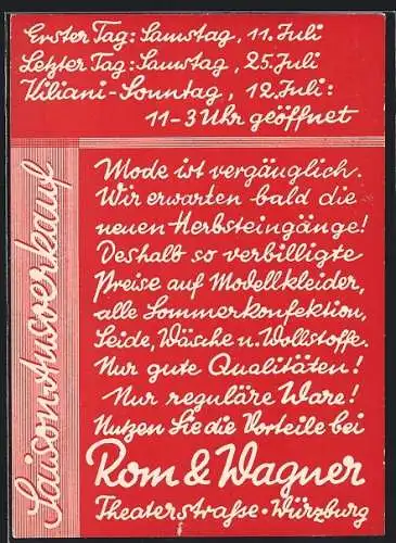 AK Würzburg, Reklame für das Mode-Geschäft Rom & Wagner, Theaterstrasse