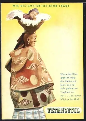 AK Reklame für Vitamin-Präparat Tetravitol, Mutter trägt Kind auf dem Kopf
