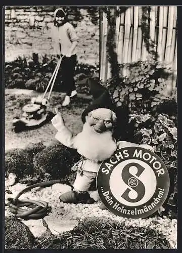 AK Reklame für Sachs-Motor, Heinzelmännchen und Rasenmäher
