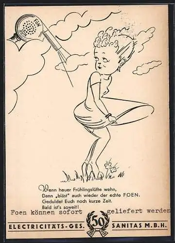 Künstler-AK Reklame für Föhn der Electricitäts-Ges. Sanitas M. B. H.