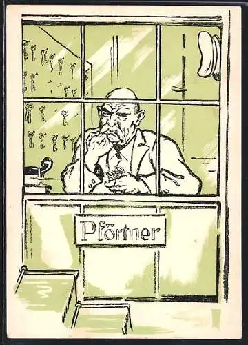 Künstler-AK Pförtner hinter einer Glasscheibe