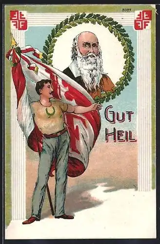 AK Turner mit der Verbandsflagge, Turnvater Jahn