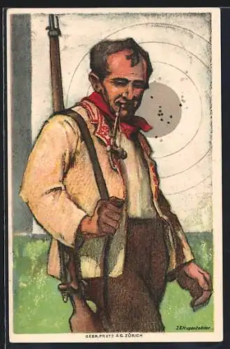 Künstler-AK Schweizerischer Schützenverein, Schütze mit Pfeife begutachtet sein Trefferbild