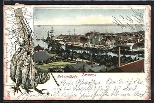 Lithographie Eckernförde, Panorama, Fische im Netz, Passepartout