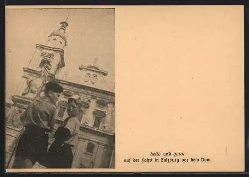 AK Salzburg, hello und quick, zwei JUngen auf der Fahrt in der Stadt vor dem Dom