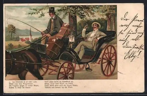 Künstler-AK Mann auf Reisen in einer Kutsche