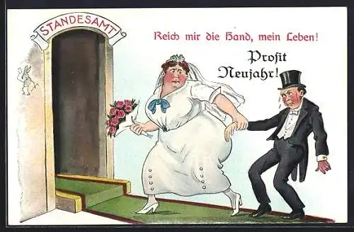 Künstler-AK Dicke Braut schleppt Mann ins Standesamt