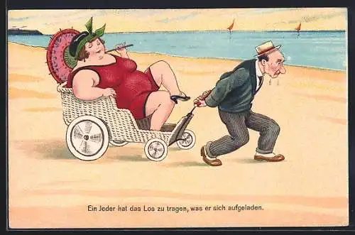 Künstler-AK Mann zieht dicke Frau über den Strand