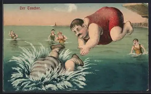 Künstler-AK Dicker Mann springt ins Wasser