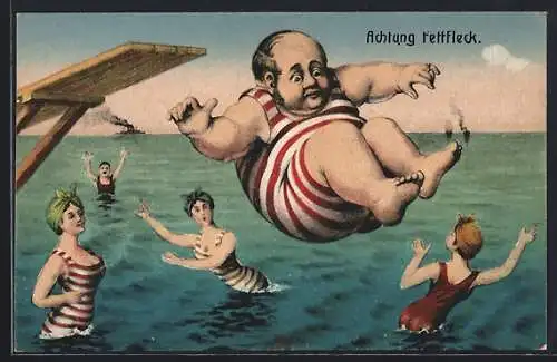 Künstler-AK Dicker Mann springt ins Wasser