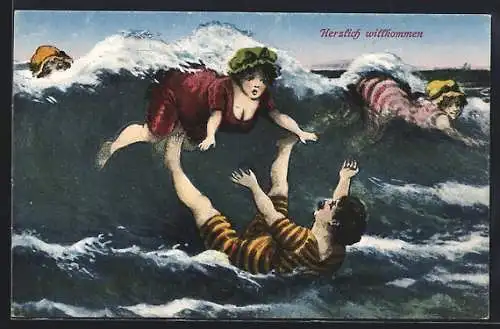 AK Frau im Badeanzug wird einem Mann in die Arme gespült