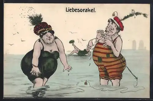 Künstler-AK Beleibte Frau im Badeanzug, Mann mit Angel