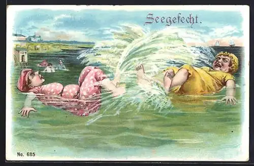 Künstler-AK Frauen in Badeanzügen beim Seegefecht