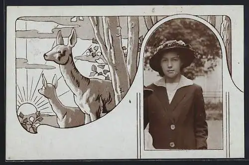 Foto-AK Junge Dame mit Hut im Passepartout