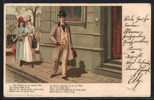 Künstler-AK Eleganter Herr auf Reisen