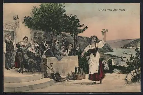 Künstler-AK Weinlokal an der Mosel, Mädel serviert Wein