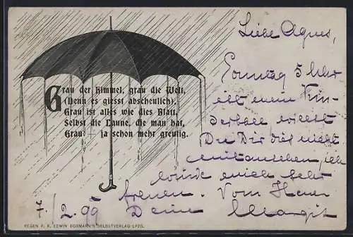 Künstler-AK Regenschirm im Regenschauer