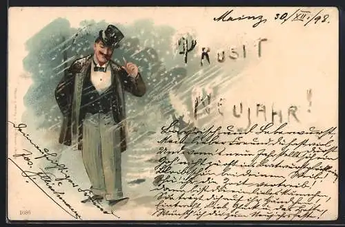 Lithographie Mann spaziert durch den Schnee