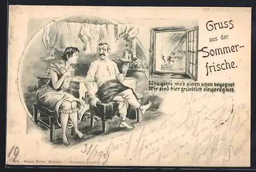 Lithographie Urlauber sind eingeregnet