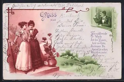 Lithographie Junge Damen und Mann am Fenster, Schreibfaul