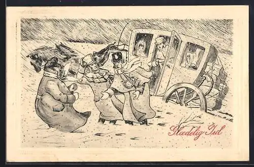 Künstler-AK Postkutsche ist im Schnee steckengeblieben