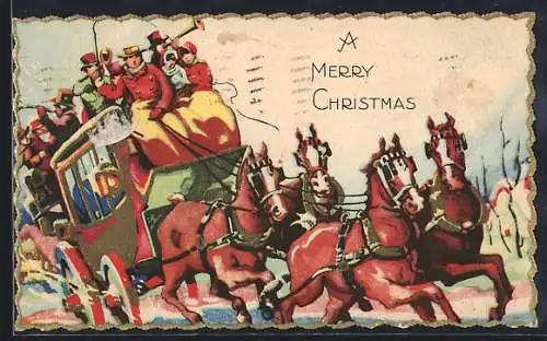 Künstler-AK Postkutsche mit Blaskapelle