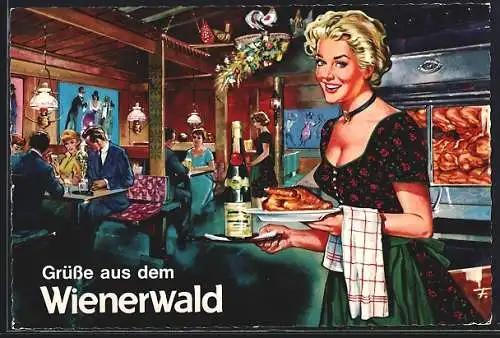 AK Kellnerin mit Sekt und Brathähnchen, Gastronomie-Reklame für Wienerwald-Betriebe