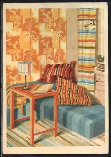 AK Reklame für indanthrenfarbige FGA Handarbeitsgarne, Vorhänge und Kissenbezüge