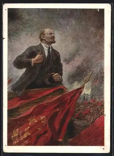 Künstler-AK Lenin mit Fahnen bei einer Rede