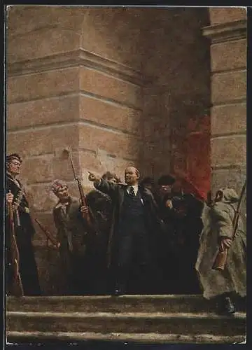 AK Lenin auf der Treppe in Begleitung von Arbeitsmännern